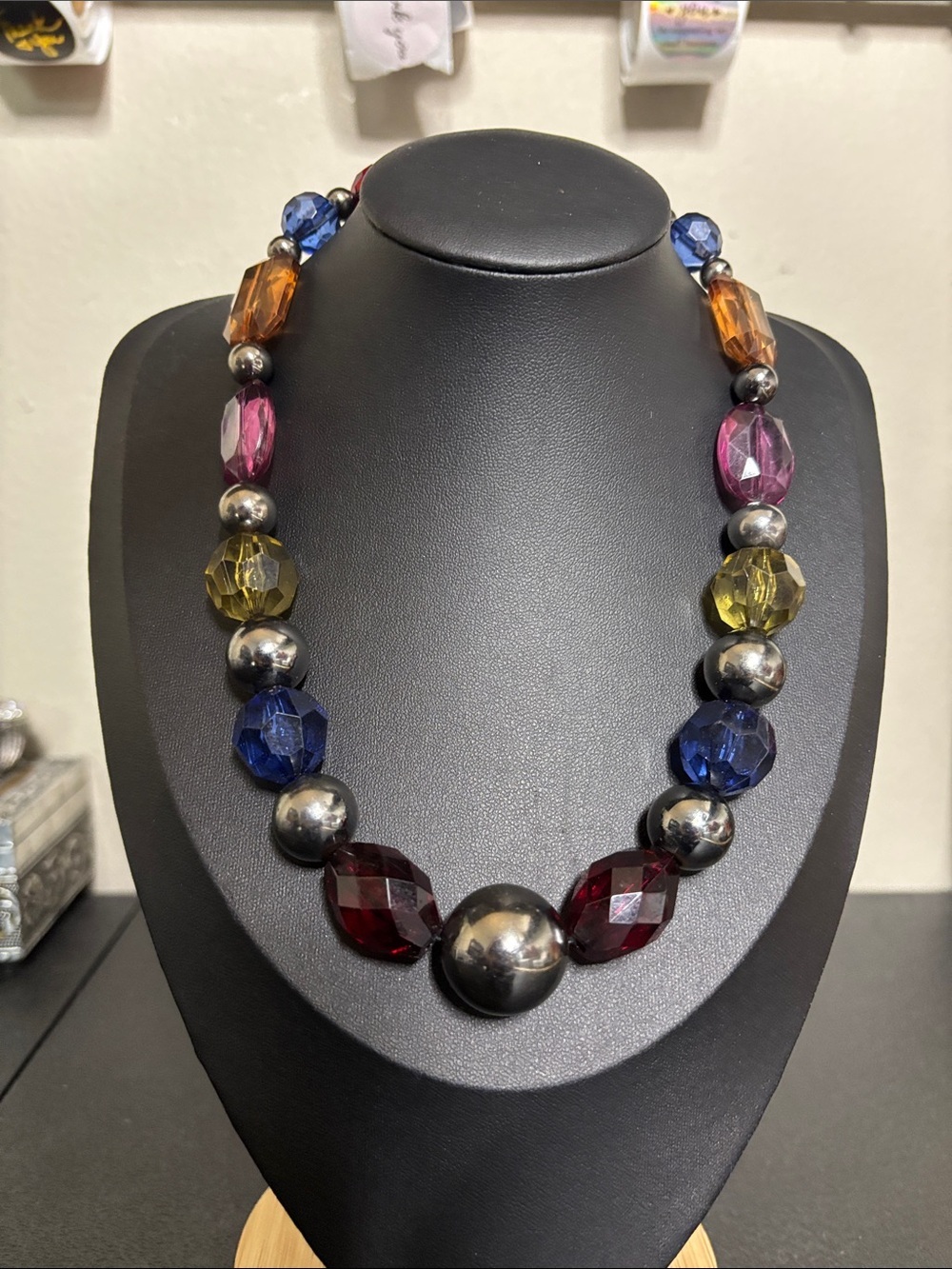 Chunky Mixed Media Multi-Color Faceted Bead Statement Necklace